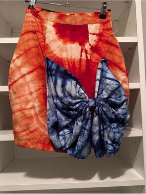 Tie-Dye Mini Skirt with Blue Knot Detail - Red/Orange